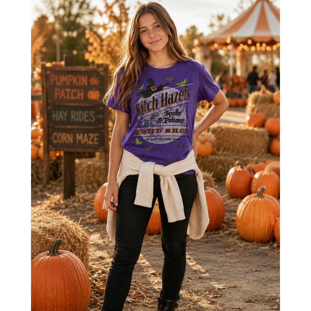 Halloween Witch Hazel Wand Shop Spell Potion Purple Graphic Tee L 12/14 Spooky